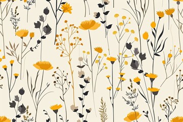 Ditsy flower, Flower silhouettes. Small meadow plants. Summer botanical background
