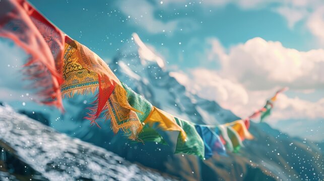  colorful Tibetan prayer flag fluttering against the backdrop of the Himalayas, its message of peace and compassion carried by the wind.  