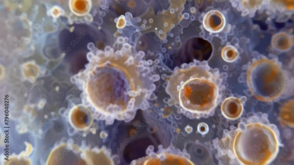 Poster a magnified view of a colony of trichomonas with multiple rounded cells ed together. the s are surro