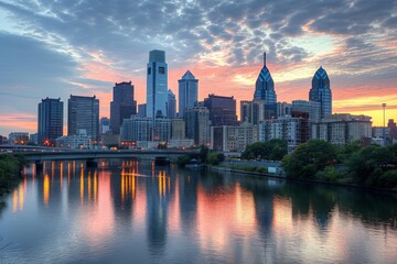 Fototapeta premium Skyline in the glow of sunrise, AI-generated