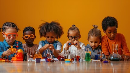 children engaged in STEM activities, using educational equipment to explore science, technology, engineering, and math. 