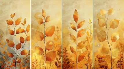 Abstract Plant Art. Golden foliage line art drawing with watercolor. A set of botanical wall art moderns designed for use on walls, canvasses, posters, home decor, covers, murals, and wallpapers.