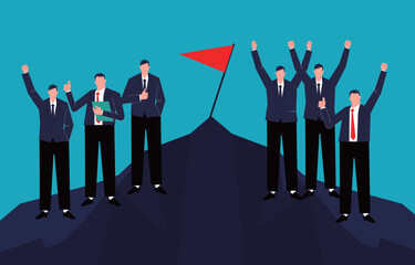 Realistic goals or accomplishing tasks and challenges, Successful team business or career, Teamwork and support, Successful team businessman standing at the top of the mountain cheering by the flag