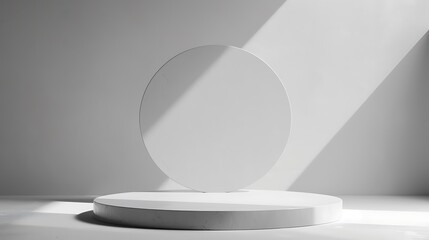 White 3D podium in a white background light shines through. Generative Ai