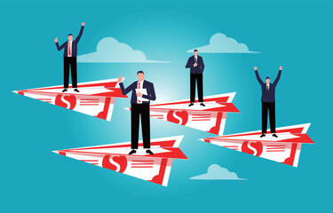 Financial Freedom, Business Projections and Expectations, Successful Business Teams Achieving Goals, Starting a Business or Beginning a Business and Career, A Group of Businessmen Standing on a Flying