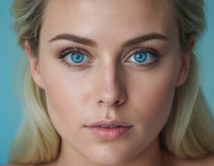 Naklejka premium a moment captured from a daily beauty ritual, where a caucasian woman with striking blue eyes
