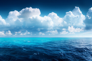 Endless ocean with sun-kissed blue sea meets cloud-strewn sky revealing vast azure horizon.