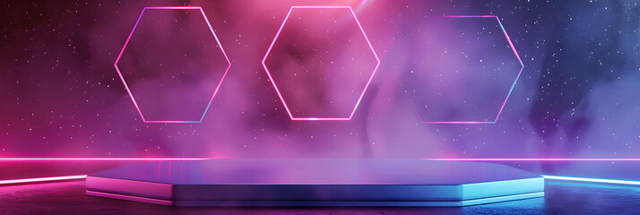 Vibrant neon hexagons in cosmic space abstract background