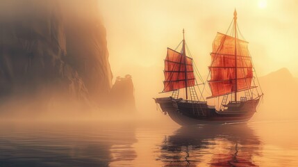 Obraz premium Chinese junk ship sailing through a misty bay at sunrise, with the sun's rays illuminating the sails and creating a warm glow on the water surface. 