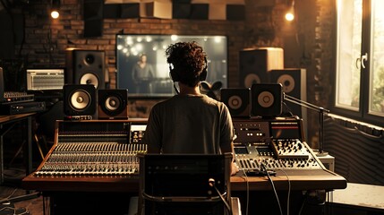 A male artist in a soundproof studio recording music with a computer mixing desk and audio engineer. Concept Music Production, Recording Studio. copy space for text.
