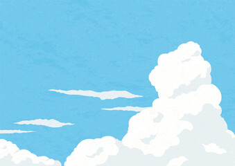 夏の青空の背景イラスト。青い空と入道雲。レトロなベクター素材。