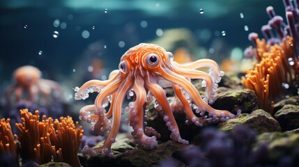 squid are swimming in the deep sea with coral