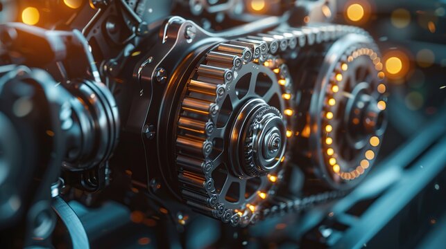 Belt drive of Diesel engine electric generator. Close up car timing belt. Belt transmission close up. industrial technology concept background. copy space for text.