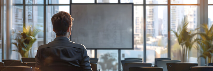 A man sitting in front of a large screen in a conference room with large window view city background 