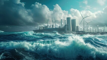 wave power plant converting the energy of ocean waves into electricity, with turbines integrated into a coastal setting. 