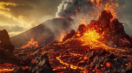Image of a volcanic eruption There is red lava. Flowing from the volcano with heat