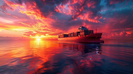 modern cargo ship loaded with containers traversing a calm ocean at sunset, with the sky ablaze in hues of orange, pink, and purple.  