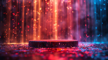 Fototapeta na wymiar A luminous fiber optic podium with a background of shimmering water drops under colored lights