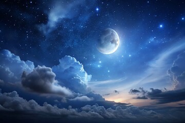 beauty of a moonlit night sky with the moon casting a soft glow and stars twinkling in the darkness for a tranquil and mystical background