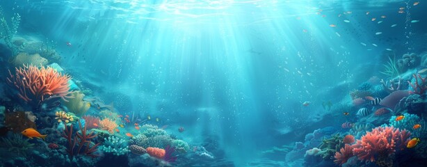 concept art of an underwater scene with coral reefs and sea creatures