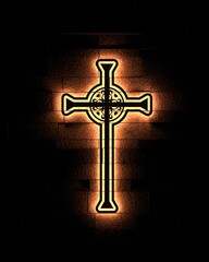 Neon shine christian cross on brick wall. Religion concept illustration. 3D render