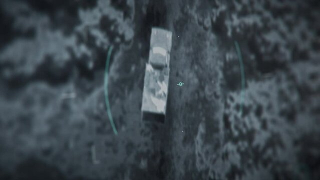 Modern military system searching for target for a rocket attack. Modern military radar locates the enemy for a rocket attack. Modern military tech launches a rocket at the enemy truck on the field. UI