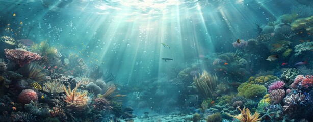 concept art of an underwater scene with coral reefs and sea creatures