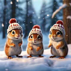 a group of five cute chipmunks in the snow wearing winter woolly hats adorable Christmas, A group of .generative.ai
