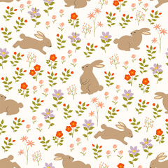 Easter seamless pattern with hand drawn cute rabbits on spring garden for Easter wrapping paper,fabric,textile,apparel or wallpaper - obrazy, fototapety, plakaty
