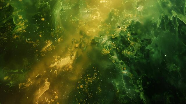 Ethereal emerald and amber hues dance within a vast cosmic nebula, emanating an aura of ancient wisdom and limitless possibility. 