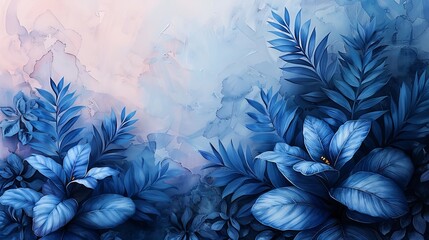 This tropical blue botanical wall art modern features leaves and watercolor hand painting for poster, wall decor, or wallpaper.