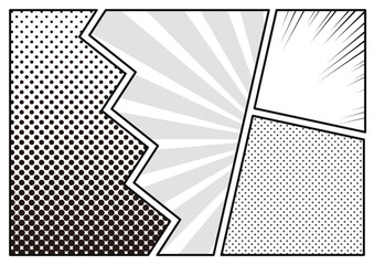 ドット、グラデーションドット、放射線、集中線背景の漫画風コマ割りイラスト　白黒