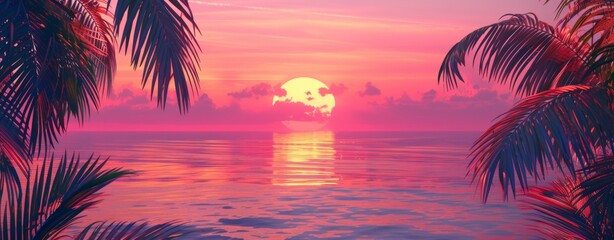 Tropical sunset with palm leaves over the ocean, vibrant colors