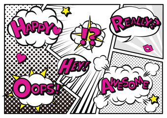 コミック風セリフと吹き出し、コマ割り背景の漫画デザインセット