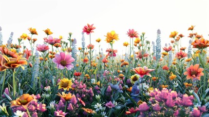 A field of flowers with a bright and cheerful mood