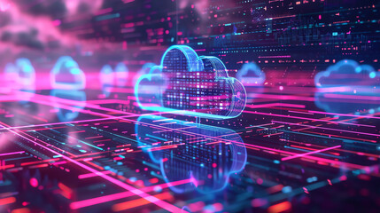 3D visualization of a data cloud server with a holographic interface, showing layers of data storage and interaction points, ideal for illustrating advanced IT concepts. - obrazy, fototapety, plakaty