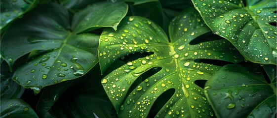 Fototapeta premium Dew drops on fresh green leaves in natural setting, close-up shot 