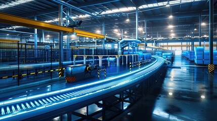 Modern industrial factory with automated machinery and conveyor belts for manufacturing and transportation. Blue steel machinery and equipment in empty warehouse modern.