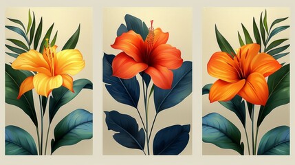 The abstract floral wall art template includes flowers, leaves and orchid flowers. The design is suitable for wallpaper, banners, prints, interiors, and posters. - obrazy, fototapety, plakaty