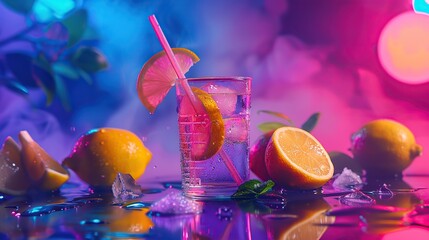 Neon Lemonade background with copy space. image of welcome drink. copy space for text.