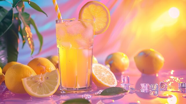 Neon Lemonade background with copy space. image of welcome drink. copy space for text.