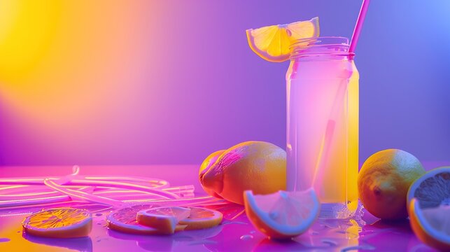 Neon Lemonade background with copy space. image of welcome drink. copy space for text.