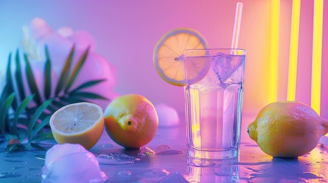 Neon Lemonade background with copy space. image of welcome drink. copy space for text.