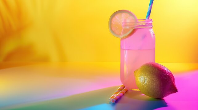 Neon Lemonade background with copy space. image of welcome drink. copy space for text.