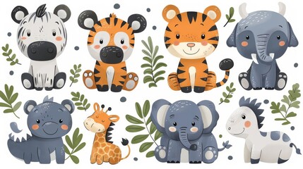 Naklejka premium The cute funny animal modern set contains a tiger, hippo, zebra, elephant, crocodile and many characters drawn in a doodle pattern.
