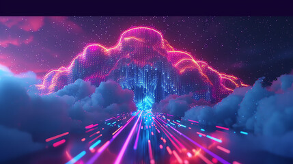 A digital landscape showcasing a 3D-rendered cloud server, with data flowing through neon-lit pathways, creating an immersive view of modern data management systems. - obrazy, fototapety, plakaty