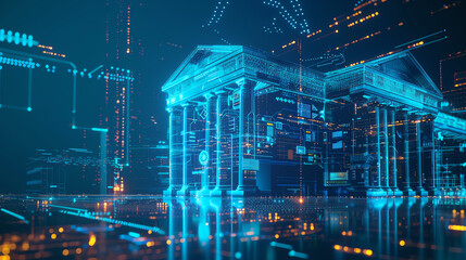 A futuristic visualization of a bank shaped from glowing polygonal lines and circuits, against a blue background, portraying the seamless integration of technology in finance.