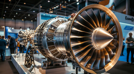 A large turbine engine on display at an industrial trade show, showcasing the latest advancements in turbine technology and design.