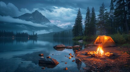 A serene camping scene with a glowing fire pit beside a tent pitched in the tranquil wilderness of a national park under the night sky.