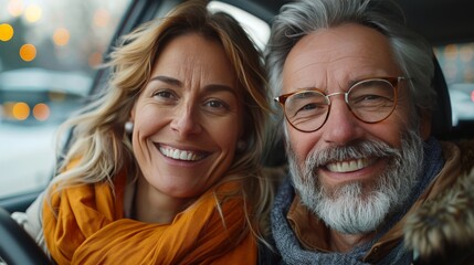 A smiling couple relaxing in the backseat of their EV car, entrusting their journey to the capabilities of driverless technology.